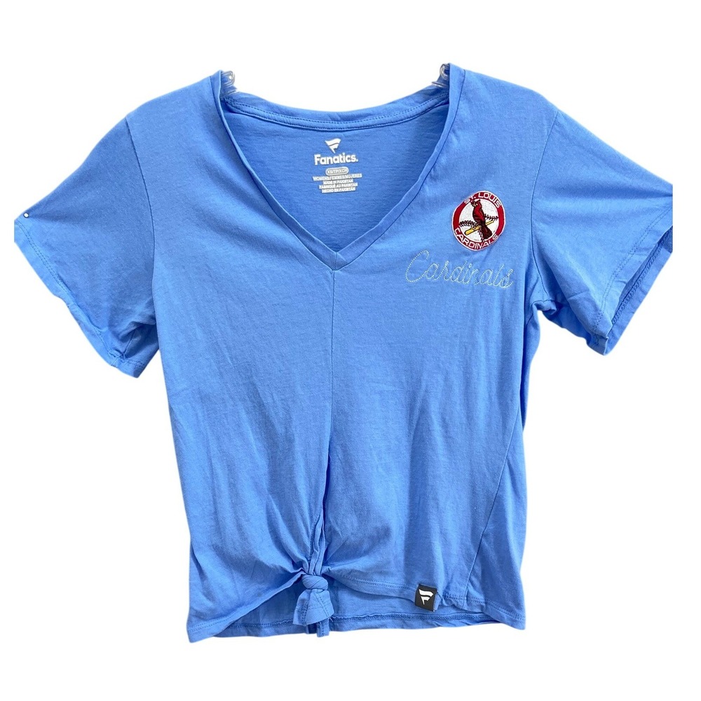 Fanatics St Louis Cardinals T-Shirt Womens Sz XS Blue V Neck Tie Front